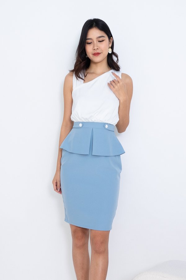 Kaely Colourblock Peplum Dress in White/Sky