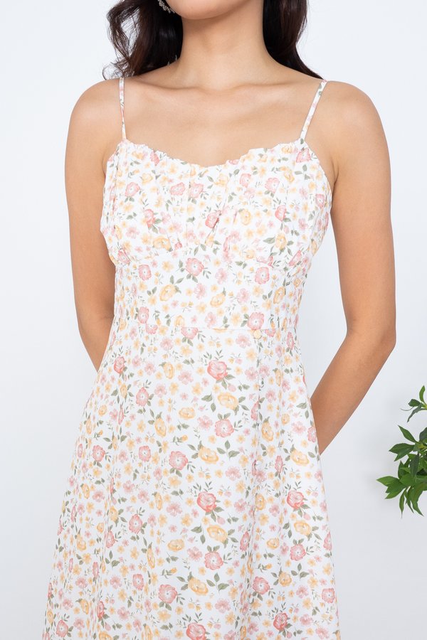 Breena Ruched Button Slit Midi Dress in White Florals