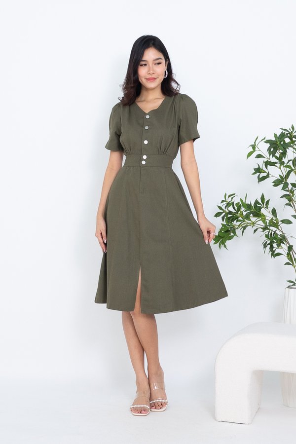 BACK IN STOCK EXCLUSIVE Viora Buttons Down Denim Midi Dress in Army Green