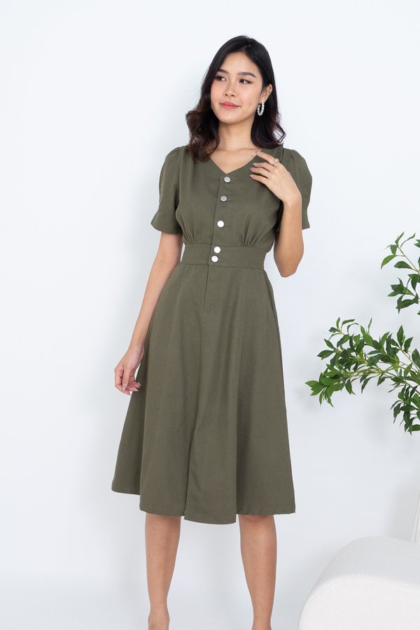 BACK IN STOCK EXCLUSIVE Viora Buttons Down Denim Midi Dress in Army Green