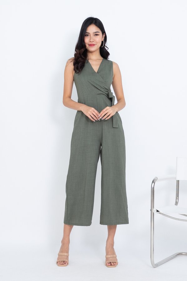 Kayce Faux Wrap Jumpsuit in Olive Green