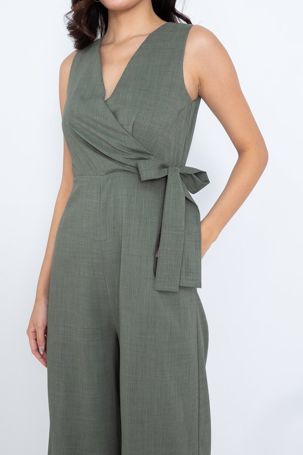 Kayce Faux Wrap Jumpsuit in Olive Green