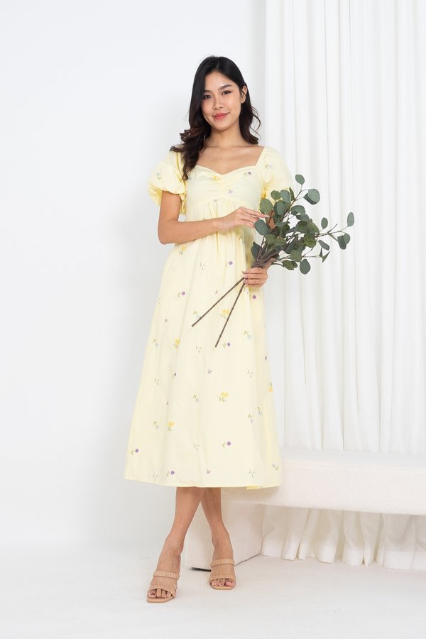 Alby Embroidery Ruched Maxi Dress in Yellow
