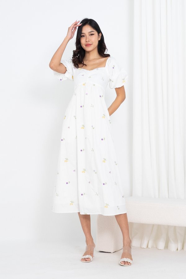 Alby Embroidery Ruched Maxi Dress in White