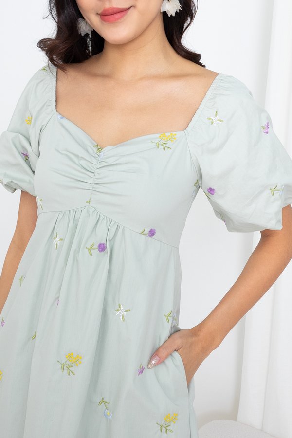 Alby Embroidery Ruched Maxi Dress in Sage