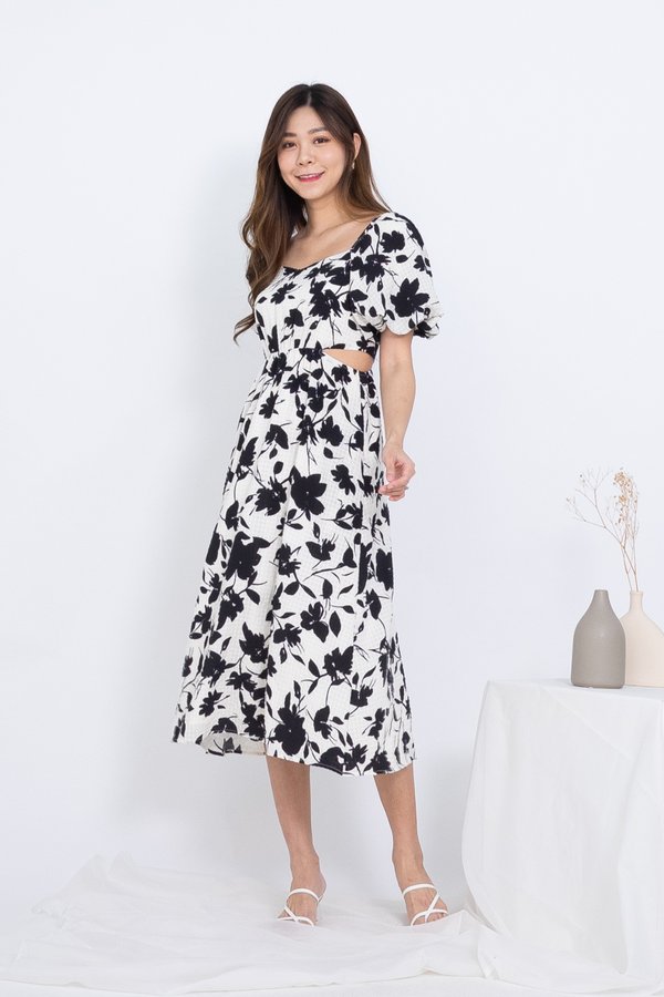 BACK IN STOCK Yumie Puffy Sleeve Side Cut Out Midi Dress in Cream Florals