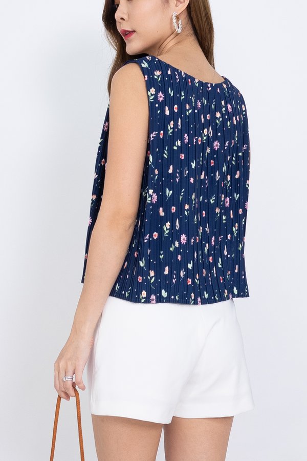 Camilia Floral Pleated Box Top in Navy Florals
