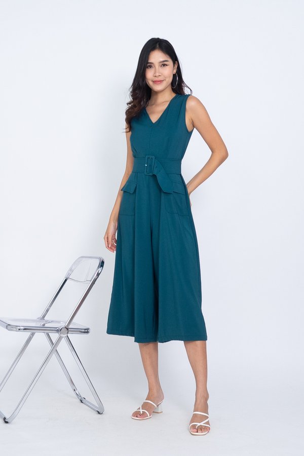EXCLUSIVE Fumi Double Pockets V Neck Jumpsuit in Teal Green