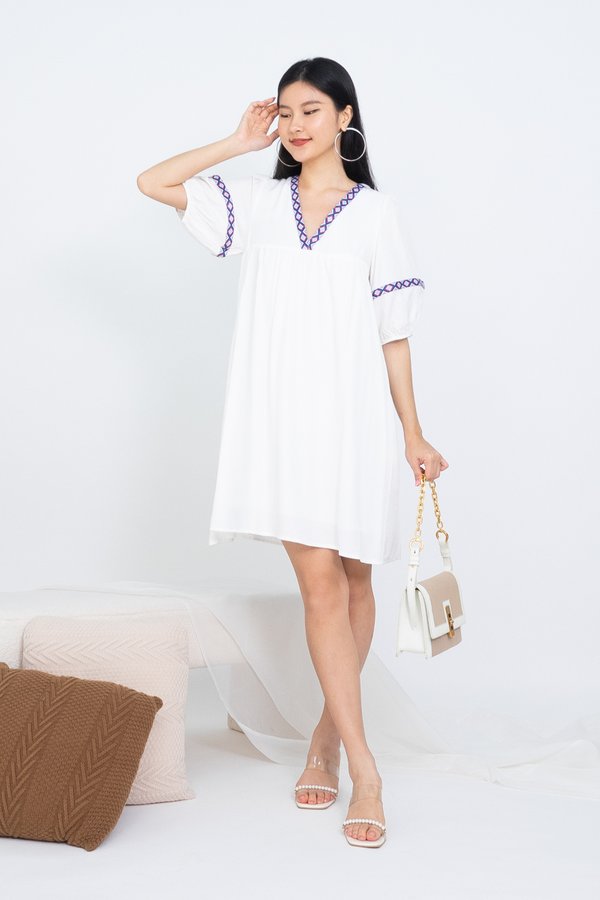 Jovia Aztec Trim Puffy Sleeve Babydoll Dress in White
