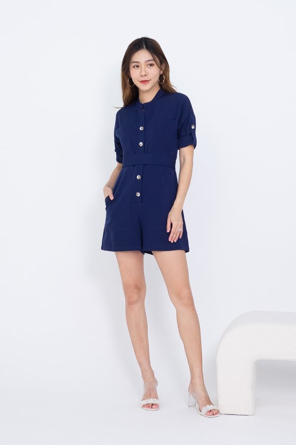 EXCLUSIVE Roxy Buttons Down Romper in Navy