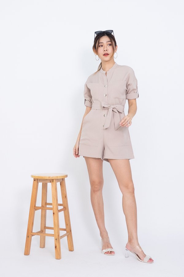 EXCLUSIVE Roxy Buttons Down Romper in Sand