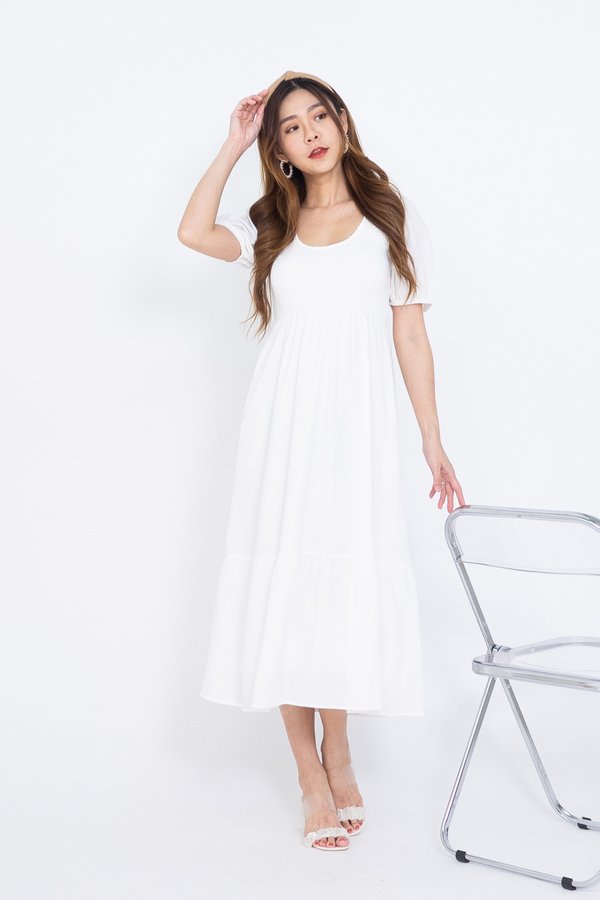 Dion Two-Way Smocked Tier Midi Dress in White