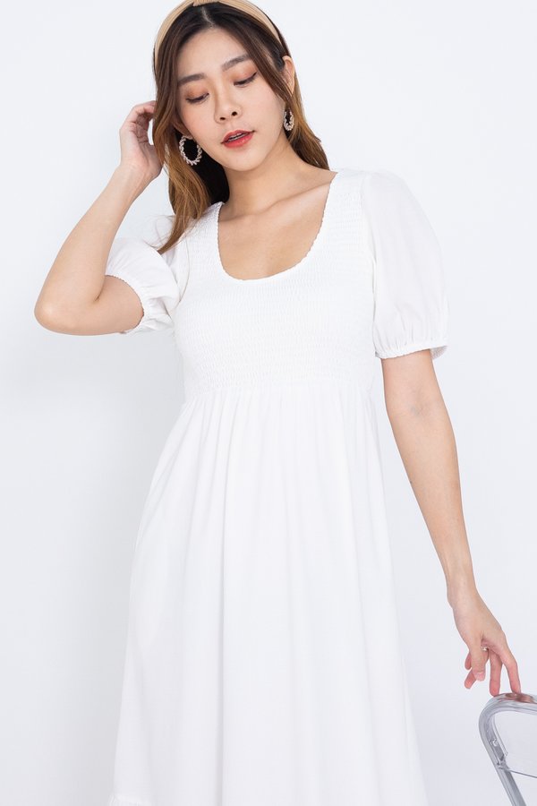 Dion Two-Way Smocked Tier Midi Dress in White