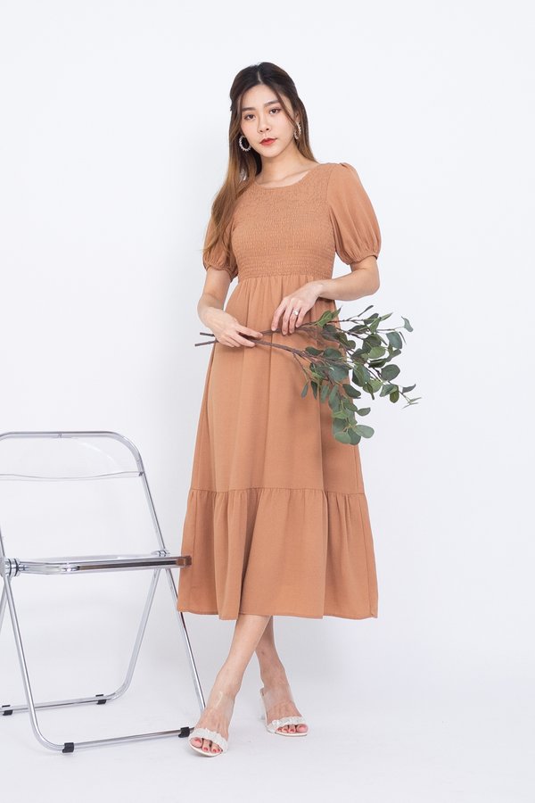 Dion Two-Way Smocked Tier Midi Dress in Brown
