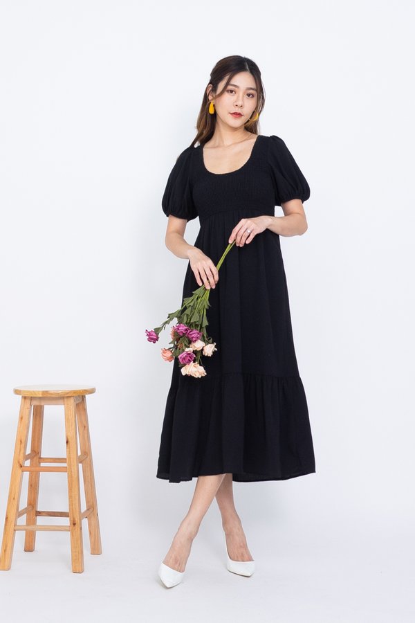 Dion Two-Way Smocked Tier Midi Dress in Black