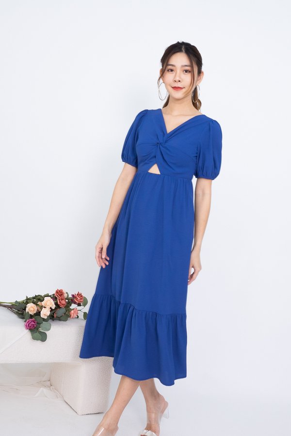 Hayley Two-Way Twist Knot Smocked Midi Dress in Blue