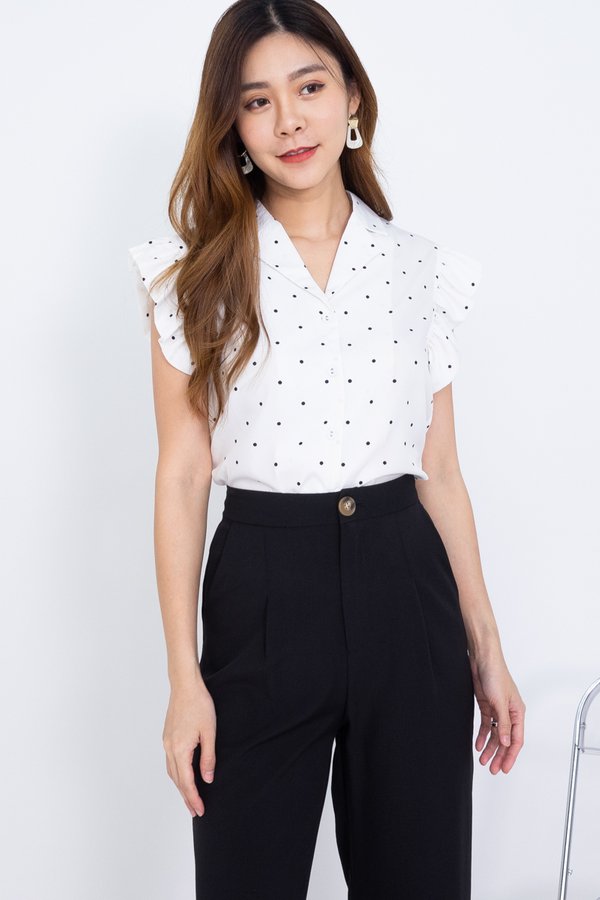 EXCLUSIVE Nyssa Flutter Sleeves Buttons Down Blouse in White Polka
