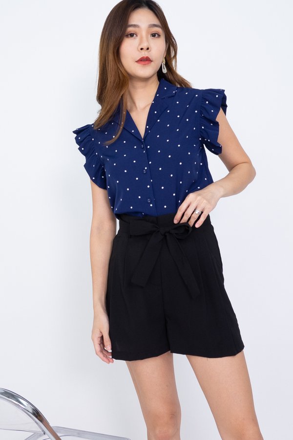 EXCLUSIVE Nyssa Flutter Sleeves Buttons Down Blouse in Navy Polka