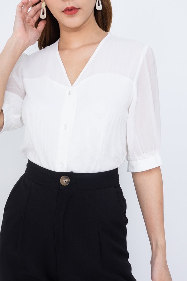 EXCLUSIVE Vlora Buttons Mesh Sleeved Blouse in White