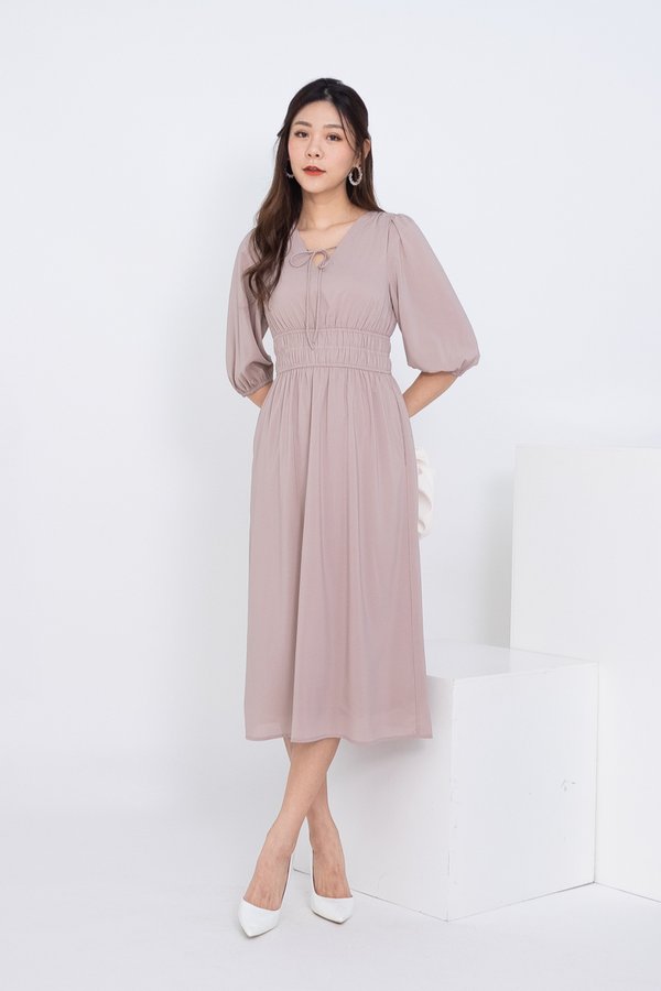 Jasleen Ruched Waist Midi Dress in Taupe