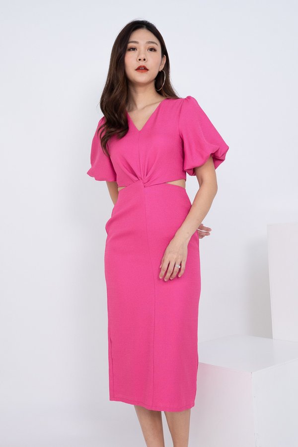 Prissy Puffy Sleeve Twist Knot Cut Out Midi Dress in Hot Pink