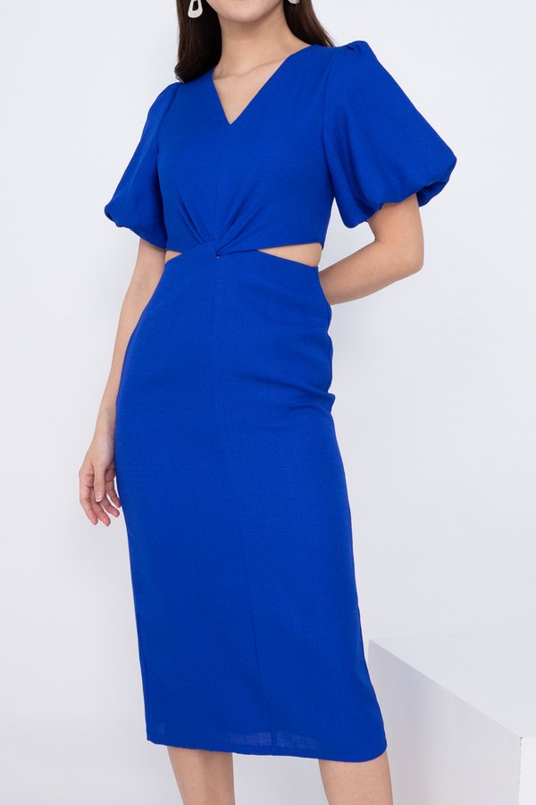 Prissy Puffy Sleeve Twist Knot Cut Out Midi Dress in Cobalt Blue