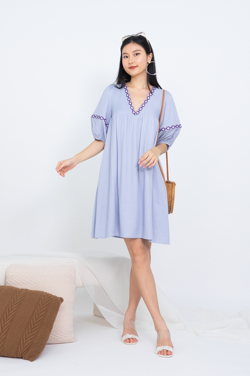 Jovia Aztec Trim Puffy Sleeve Babydoll Dress in Blue | 3INUTE