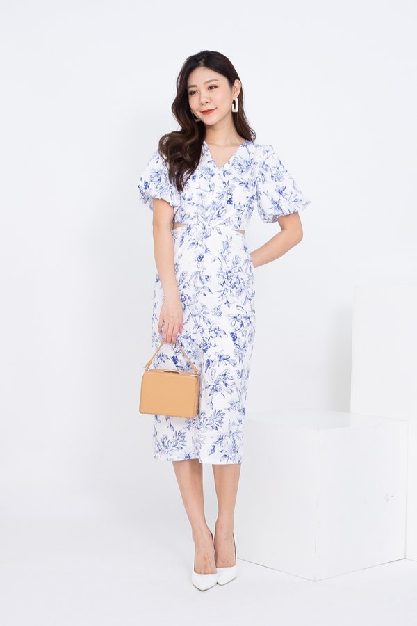 Prissy Puffy Sleeve Twist Knot Cut Out Midi Dress in Blue Florals