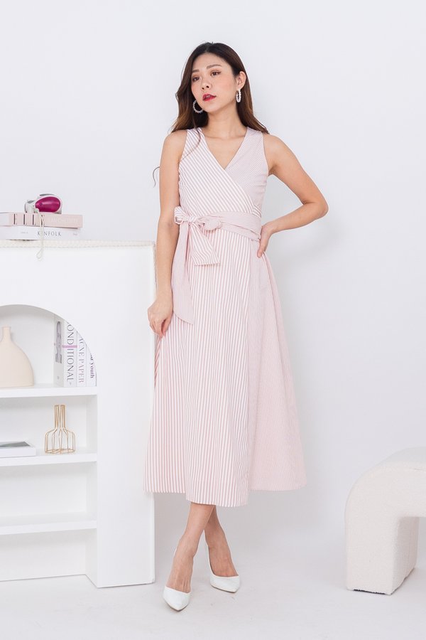 BACK IN STOCK Olevia Stripes Block Wrap Dress in Nude Pink