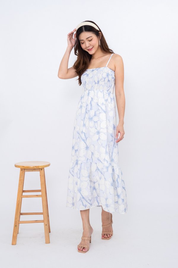 Emily Spag Smocked Midaxi Dress in Blue Florals