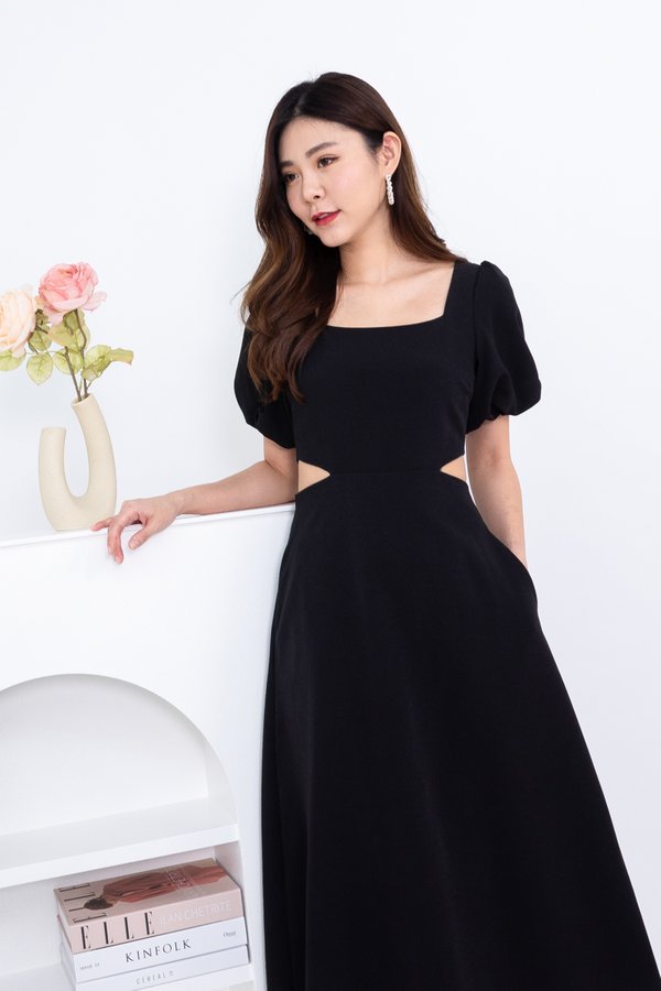 Xenia Puffy Sleeve Side Cut Midi Dress in Black