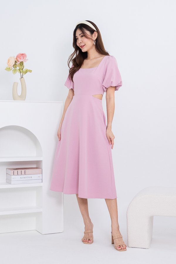 Xenia Puffy Sleeve Side Cut Midi Dress in Dust Pink