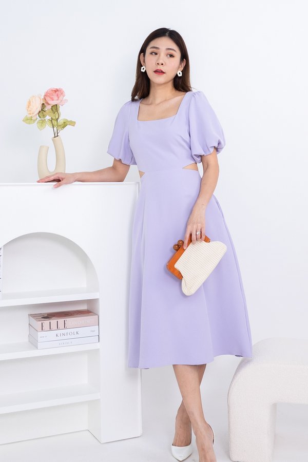 Xenia Puffy Sleeve Side Cut Midi Dress in Lilac
