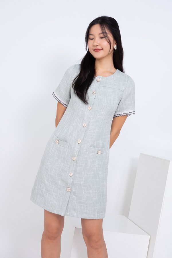 Ninette Tweed Shift Buttons Down Dress in Light Grey