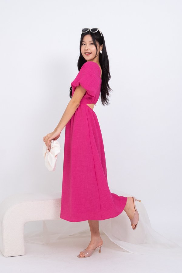 BACK IN STOCK Davinia Back Cut Out Puffy Sleeved Midi Dress in Hot Pink