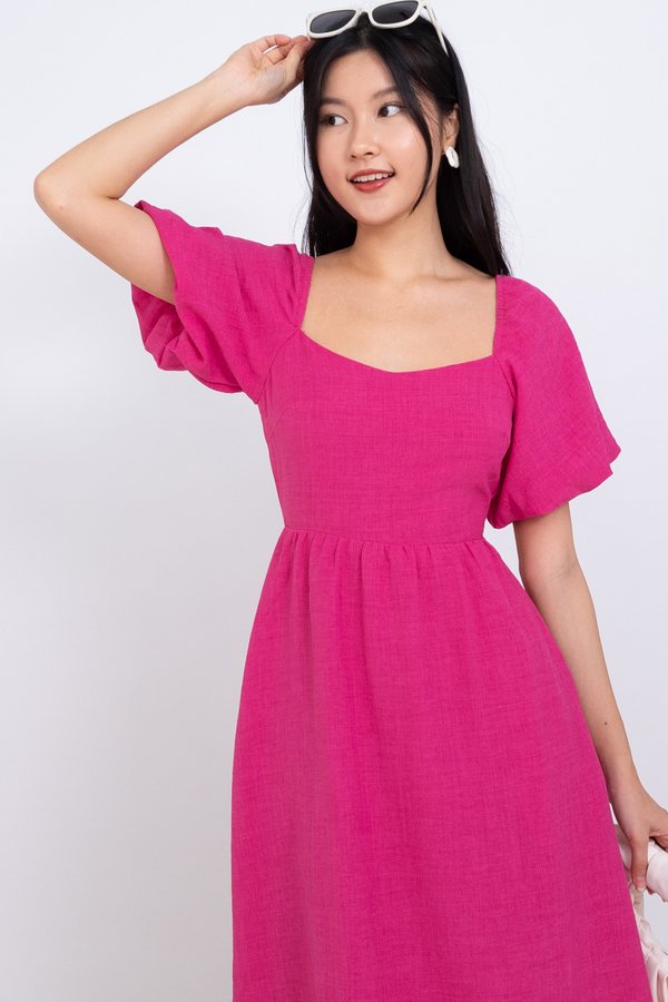 BACK IN STOCK Davinia Back Cut Out Puffy Sleeved Midi Dress in Hot Pink