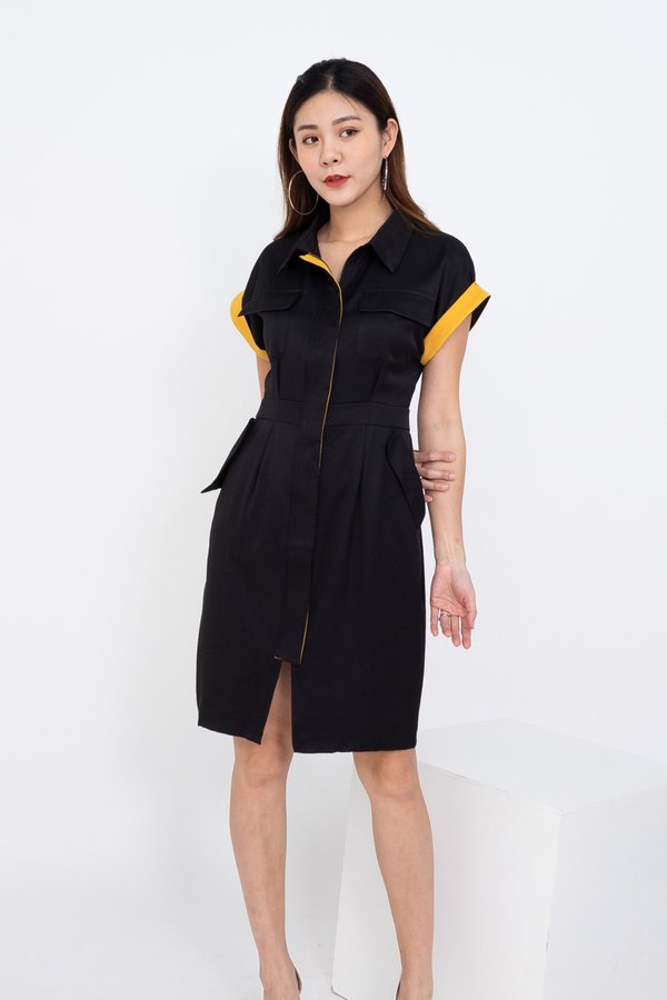 Aira Colourblock Zip Up Work Dress in Black