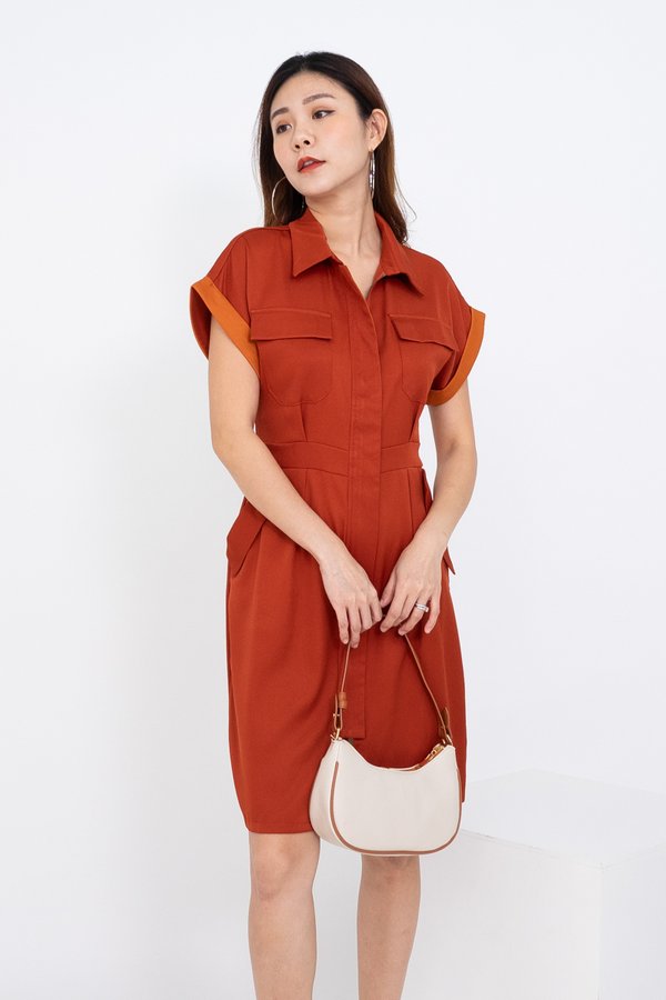 Aira Colourblock Zip Up Work Dress in Burnt Orange