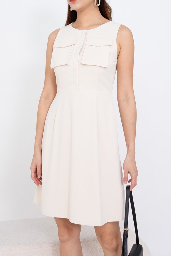 Germaine Utility Double Pockets Skater Dress in Cream