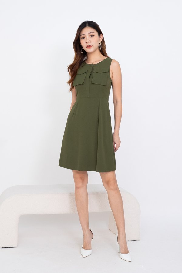 Germaine Utility Double Pockets Skater Dress in Olive Green