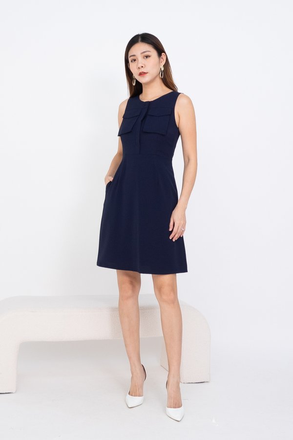 Germaine Utility Double Pockets Skater Dress in Navy