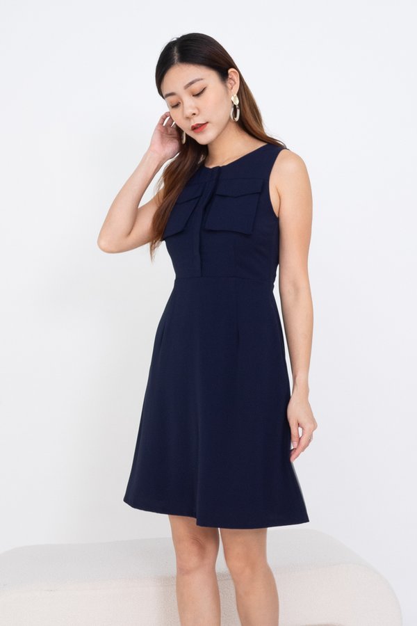 Germaine Utility Double Pockets Skater Dress in Navy