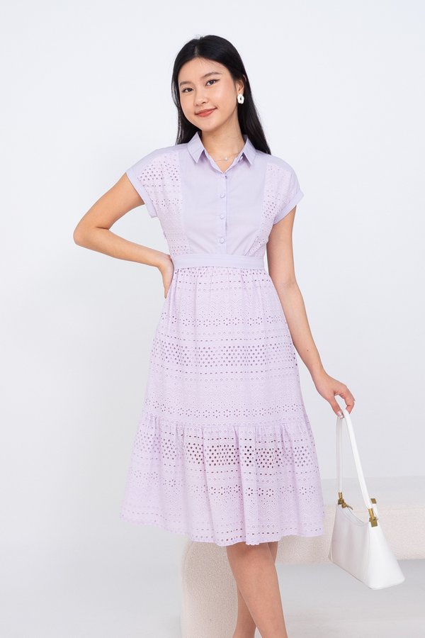 Gia Eyelet Midi Dress in Lilac