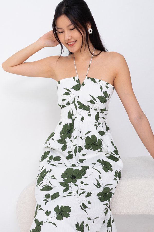 Michaela Multiwear Halter Tie Midi Dress in Green Florals