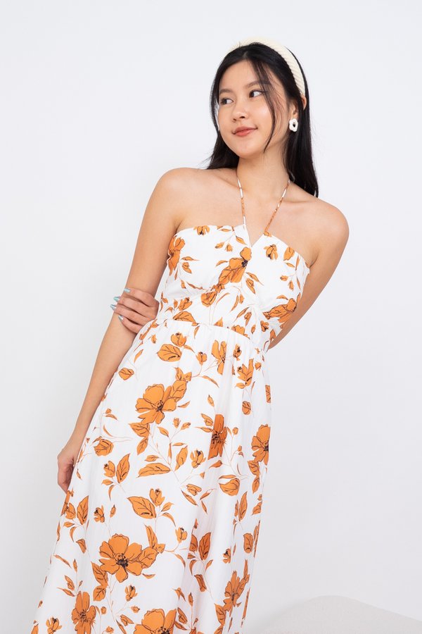 Michaela Multiwear Halter Tie Midi Dress in Marigold Florals