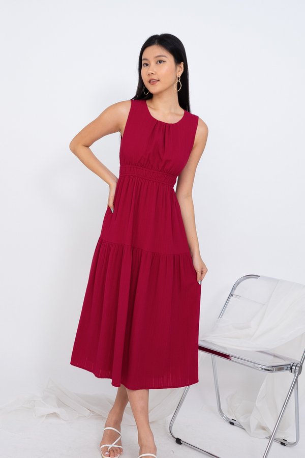 Kayci Textured Tiered Midi Dress in Wine Berry