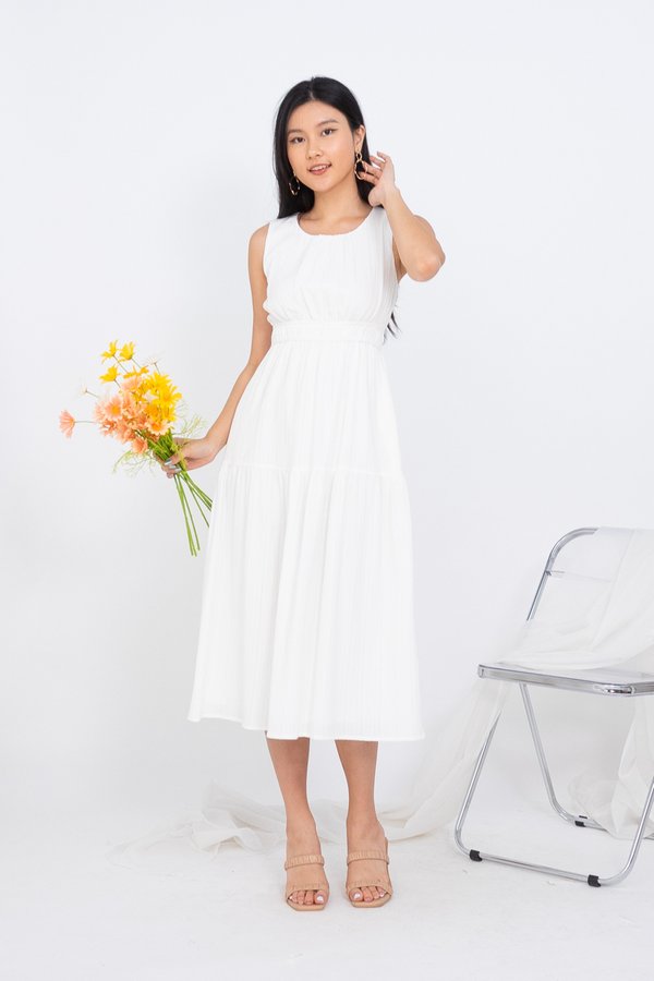 Kayci Textured Tiered Midi Dress in White