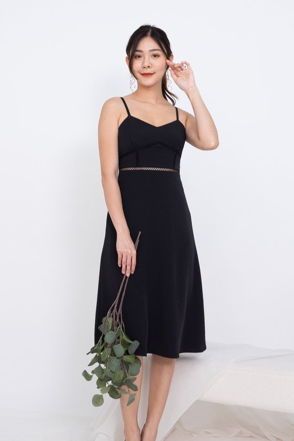 Nyla Crochet Lattice Panel Midi Dress in Black
