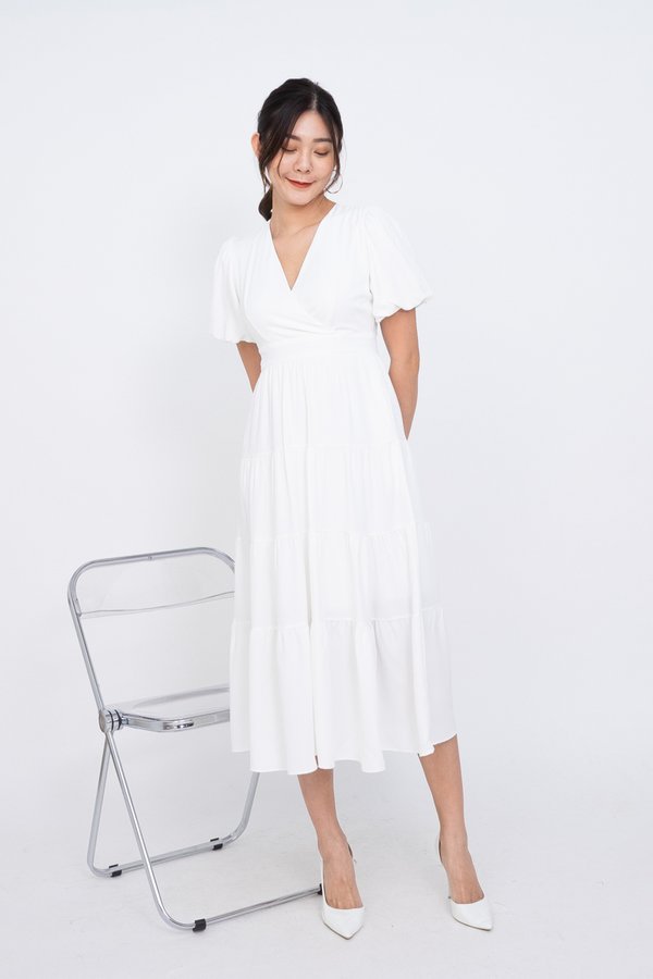 Nadette Puff Sleeved Tier Midi Dress in White