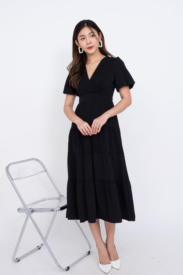 Nadette Puff Sleeved Tier Midi Dress in Black